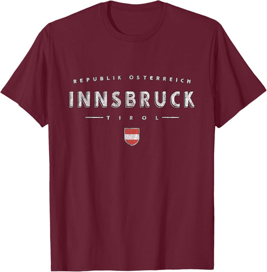 sterreich Design Co. Innsbruck Austria Logo - Women's -Adults & Kids Black Short Sleeve Regular Fit U-Neck Modern Graphic Print - Small T-Shirt - T-Shirt | Maroon