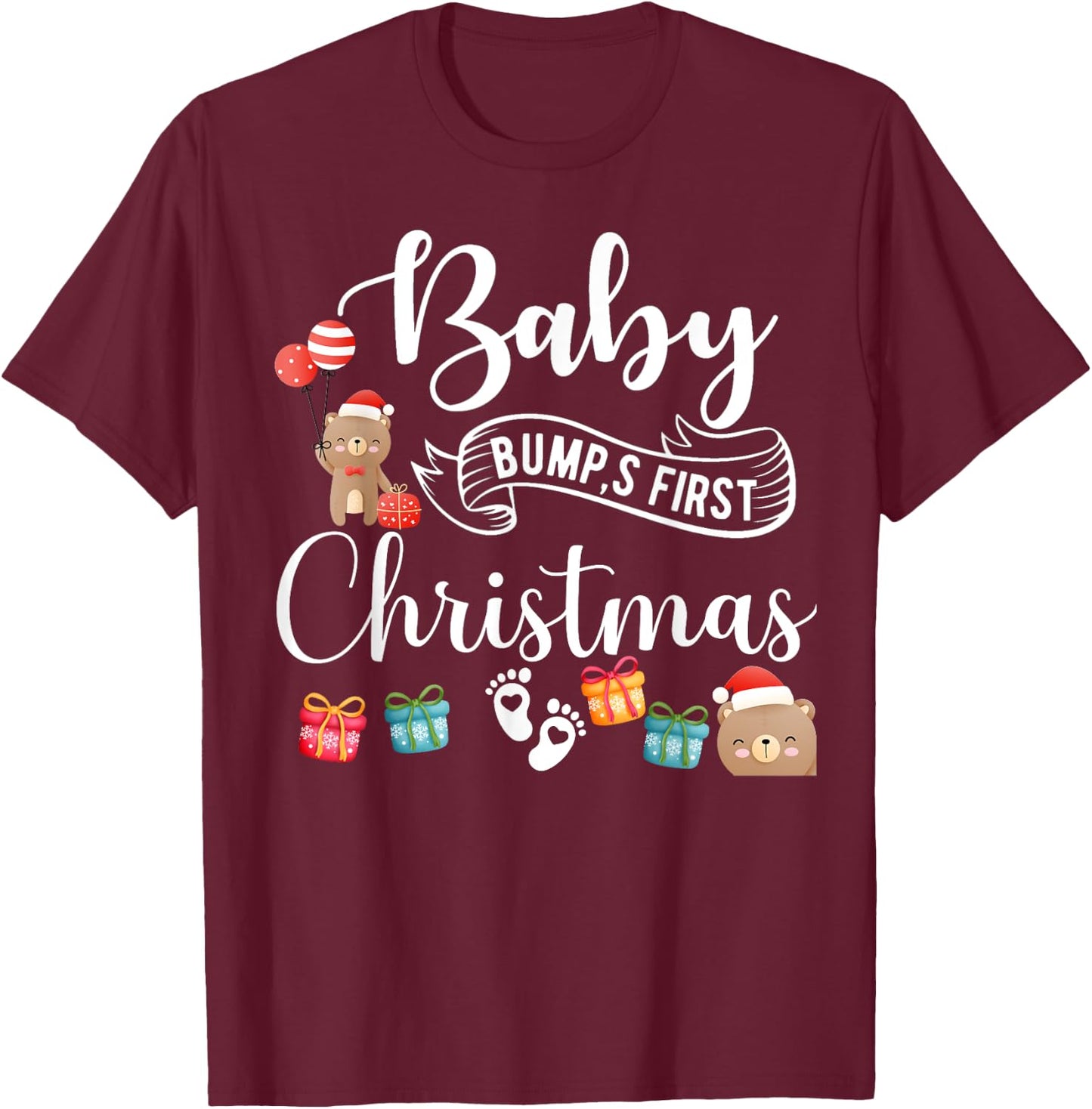 Cute Pregnancy Announcement Baby Bump First Christmas T-Shirt - T-Shirt | Maroon