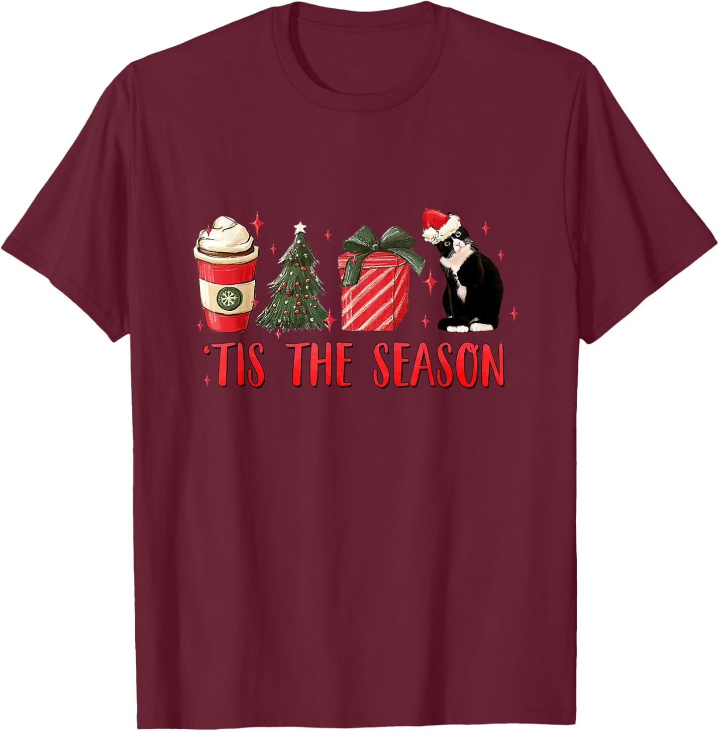 Tis The Season Christmas Tree Coffee Tuxedo Cat Santa Hat Women Kids T-Shirt - T-Shirt | Maroon