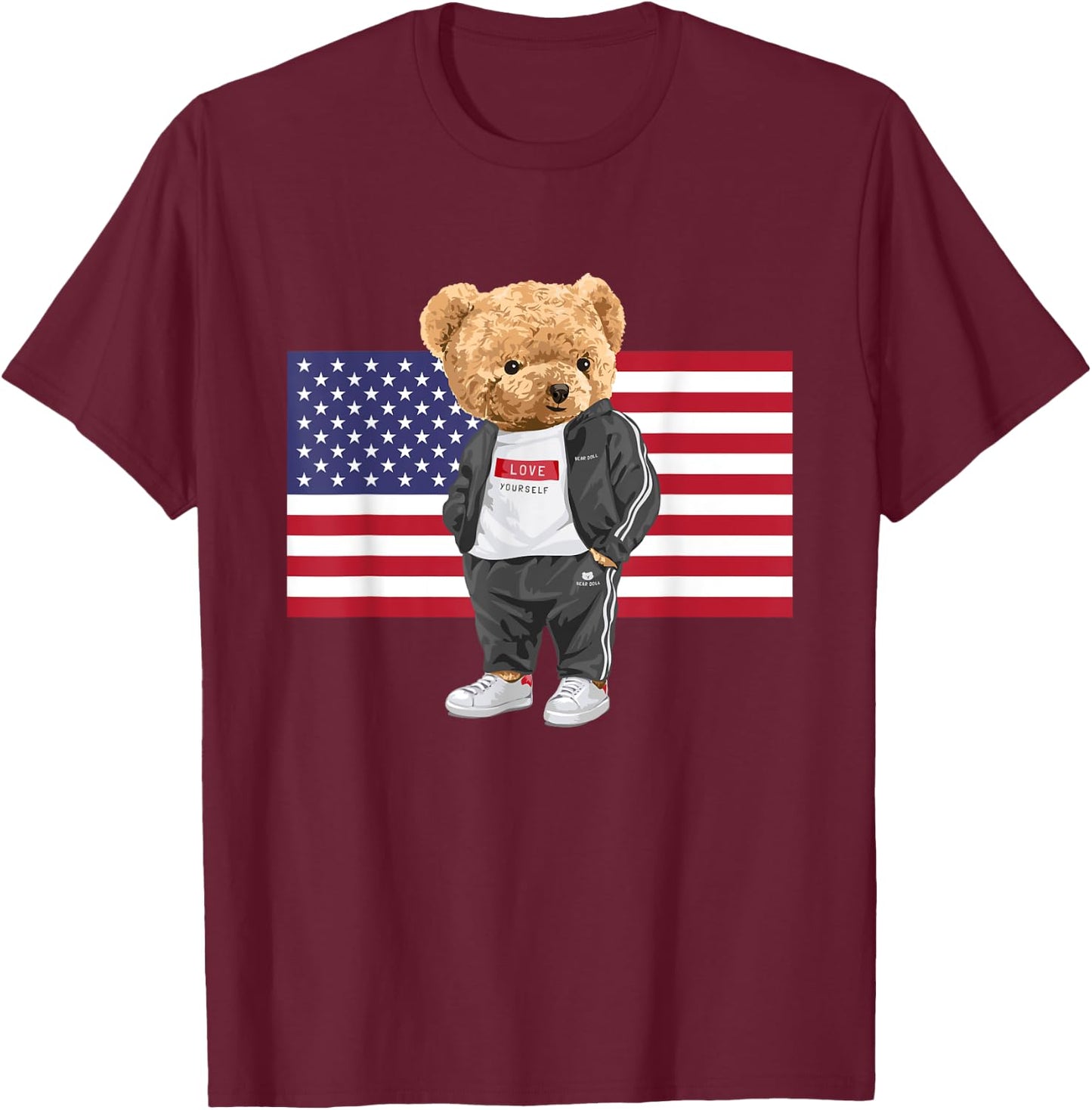 Cool USA Teddy Bear Illustration Novelty Graphic Designs T-Shirt - T-Shirt | Maroon