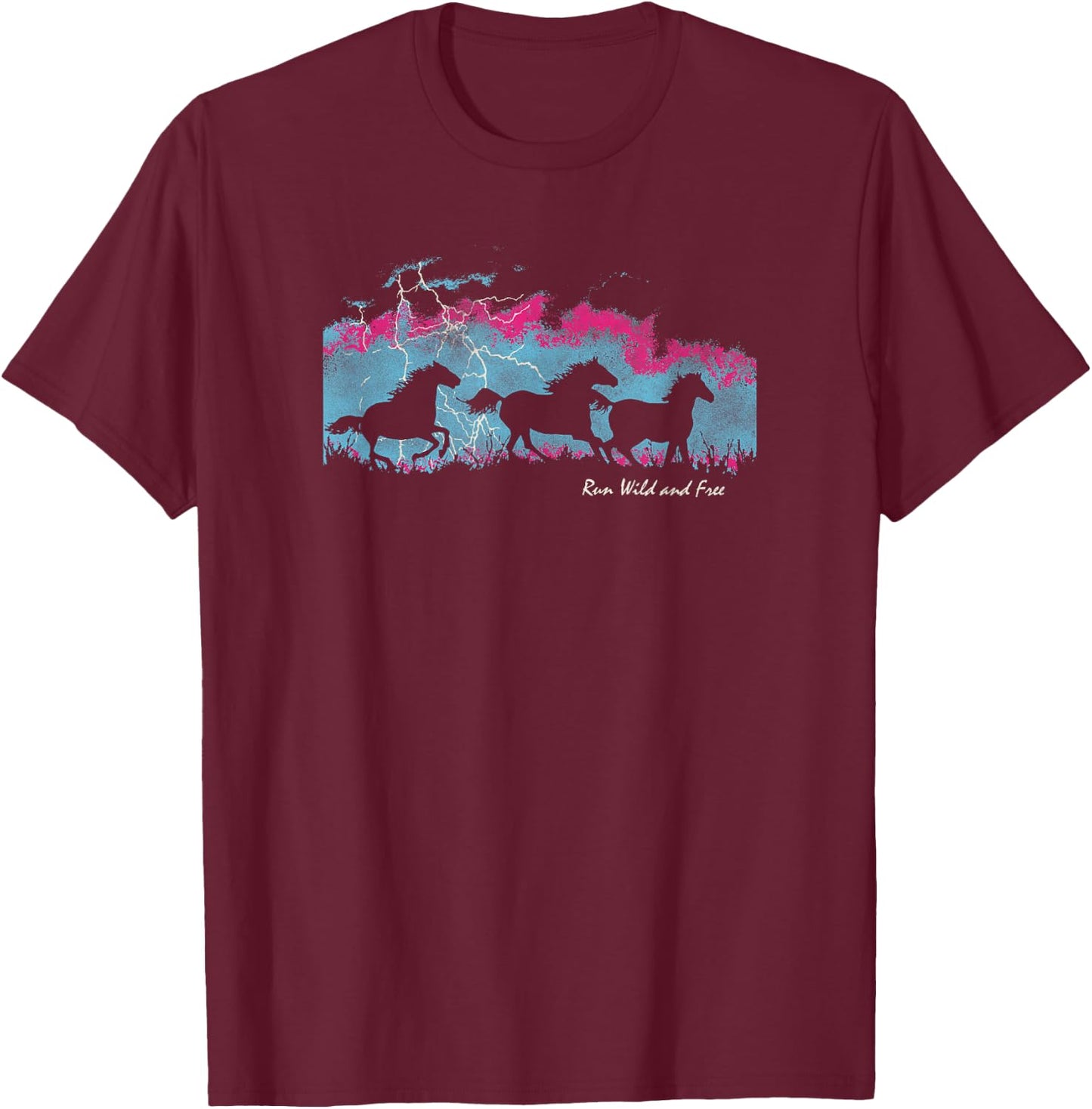 Run Wild And Free Running Horses Silhouettes Thunderstorm T-Shirt - T-Shirt | Maroon