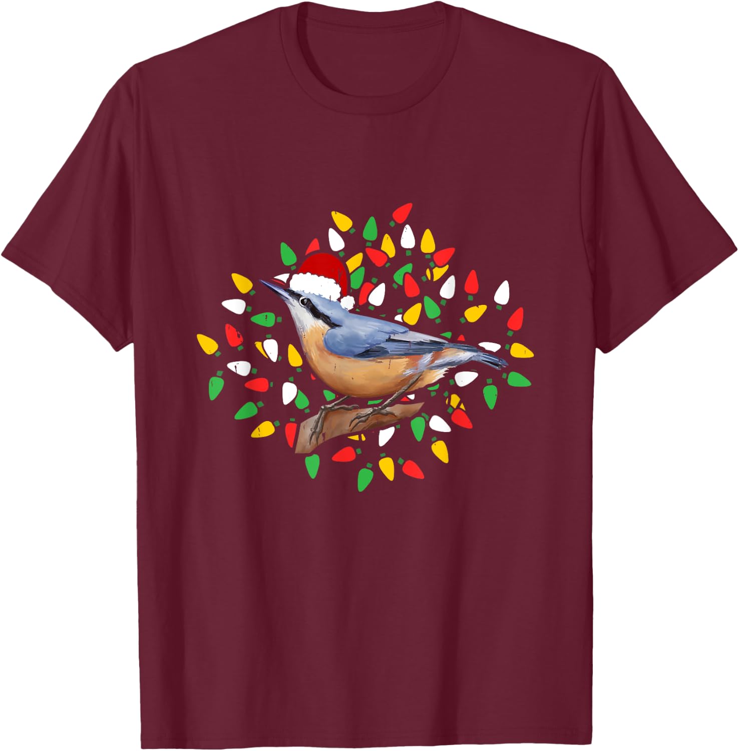 Holiday Xmas Lighting Santa Hat Red Breasted Nuthatch Bird T-Shirt - T-Shirt | Maroon