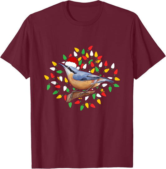 Holiday Xmas Lighting Santa Hat Red Breasted Nuthatch Bird T-Shirt - T-Shirt | Maroon