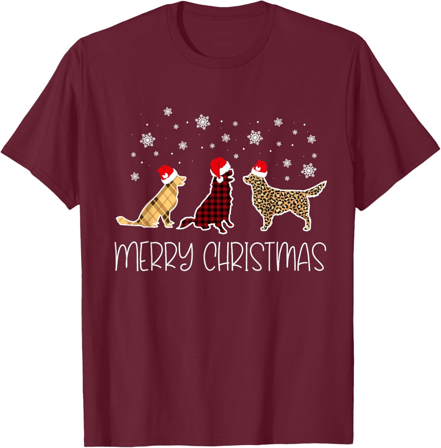 Golden Retriever Merry Christmas Plaid Leopard Dog X-Mas T-Shirt - T-Shirt | Maroon