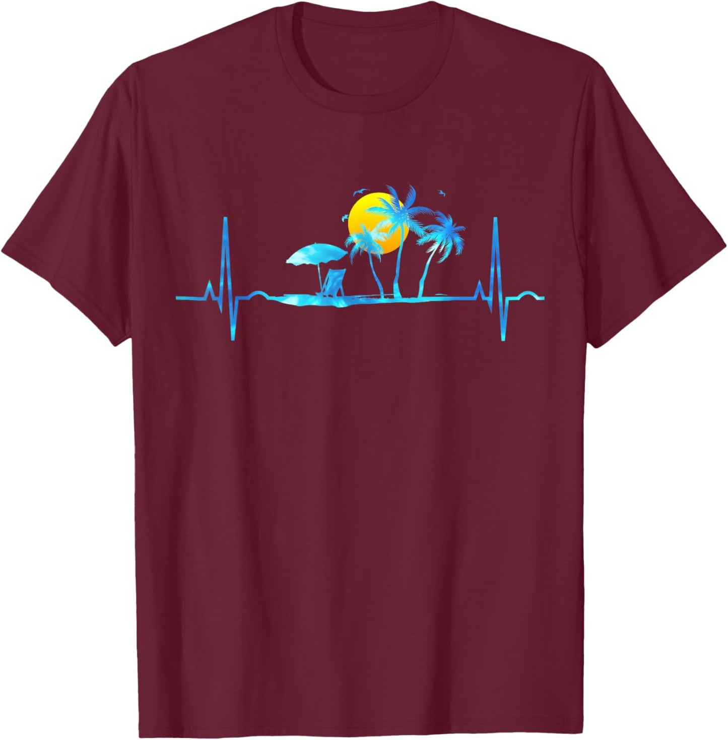 Heartbeat Palm Trees Tropical Beach Island Sunset Retro 70s Women Girls Kids T-Shirt - T-Shirt | Maroon