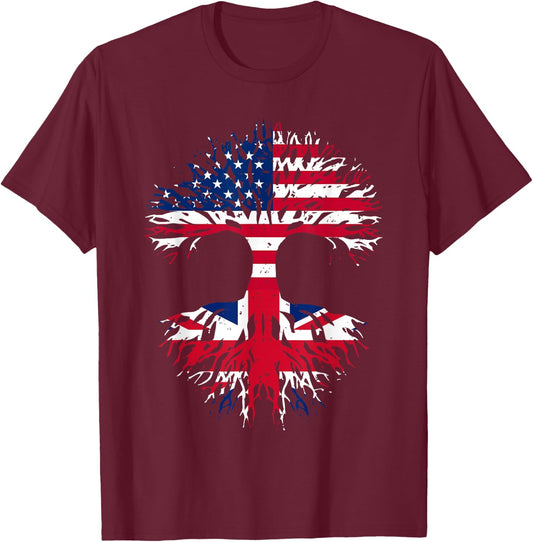 British Roots American Grown Tree USA Flag United Kingdom Women Men T-Shirt - T-Shirt | Maroon