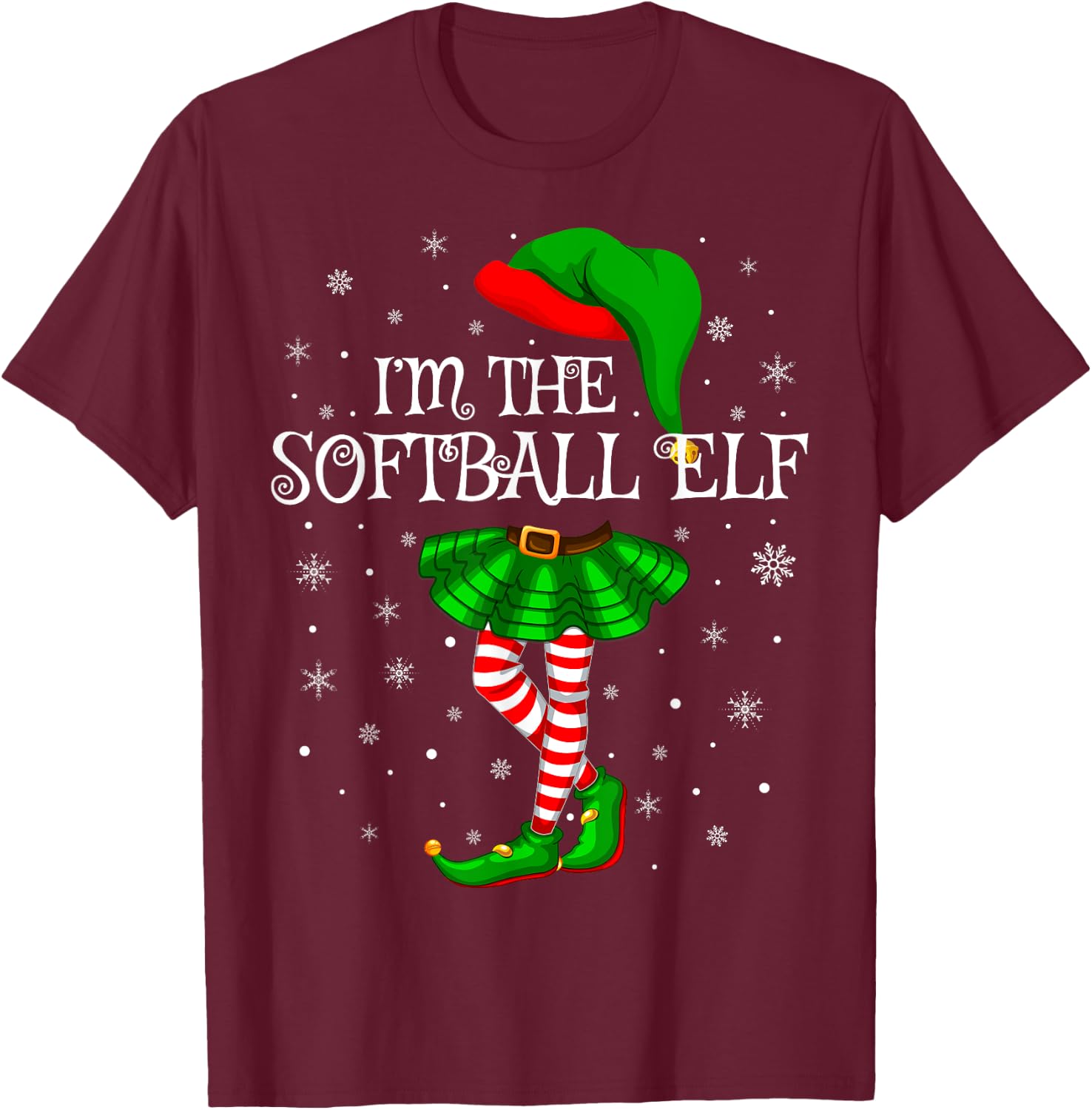 Family Matching Women Girls I'm The Softball Elf Christmas T-Shirt - T-Shirt | Maroon