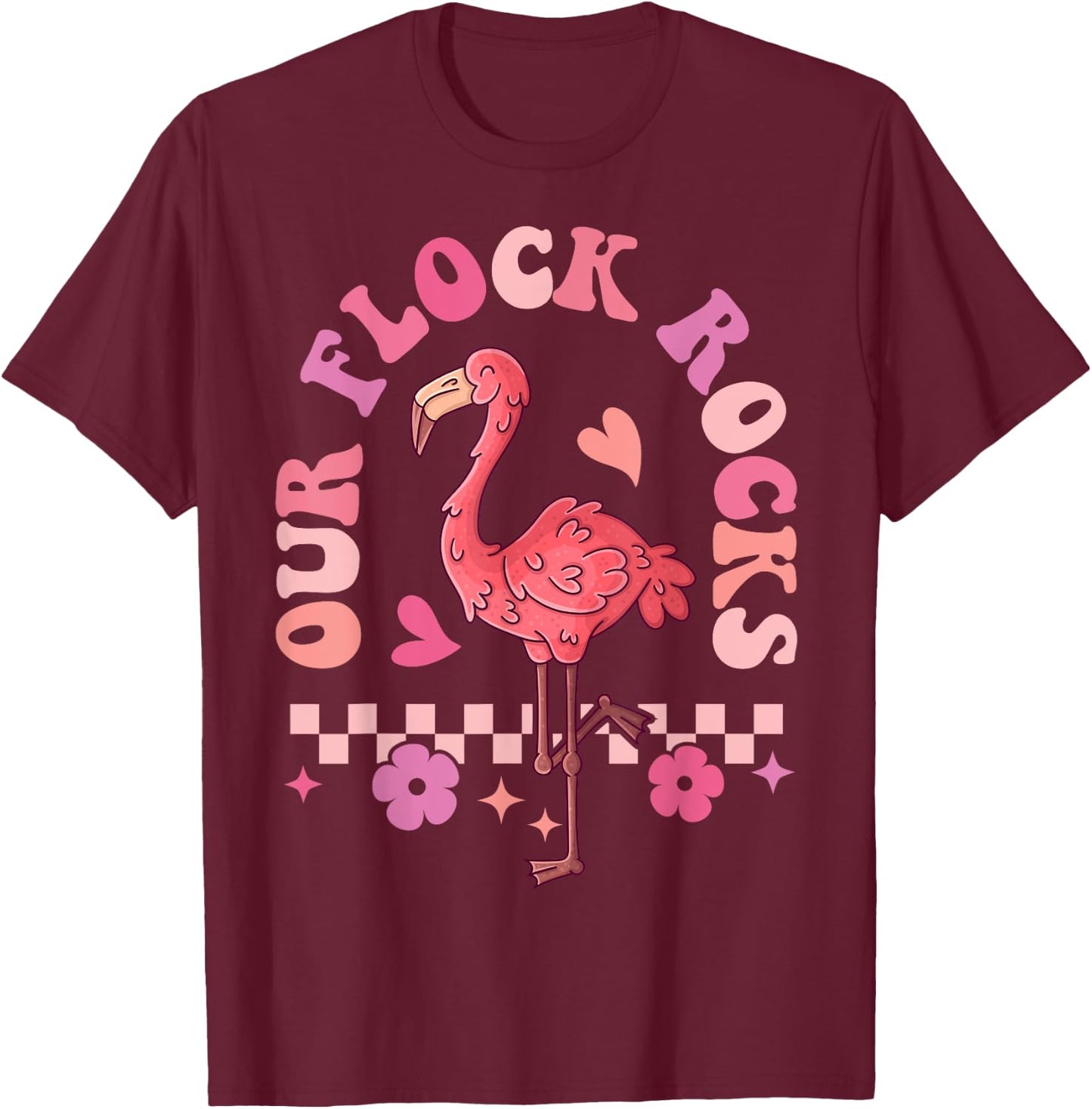 Our Flock Rocks Flamingo Matching Family Vacation T-Shirt - T-Shirt | Maroon