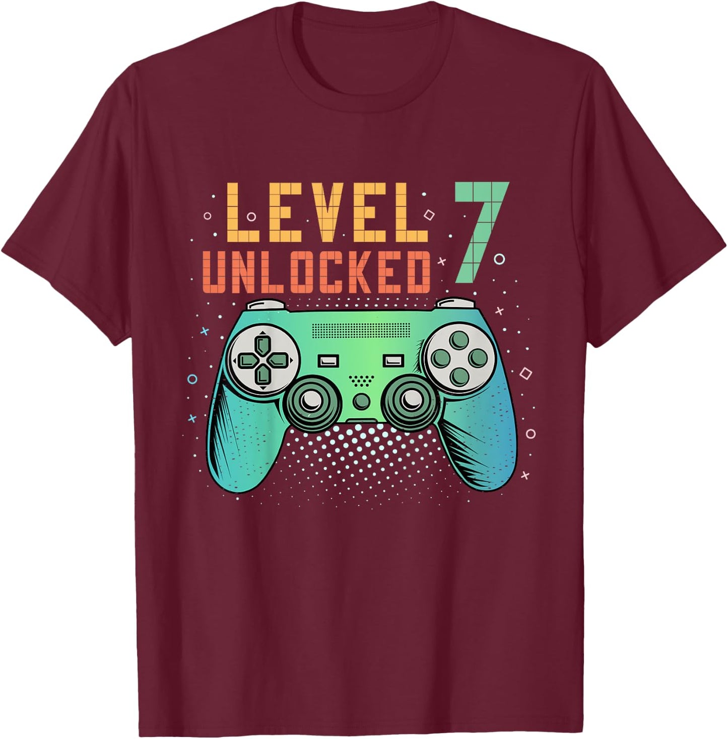 Kids Level 7 Unlocked 7th Birthday Gamer Gifts 7 Year Old Boys T-Shirt - T-Shirt | Maroon