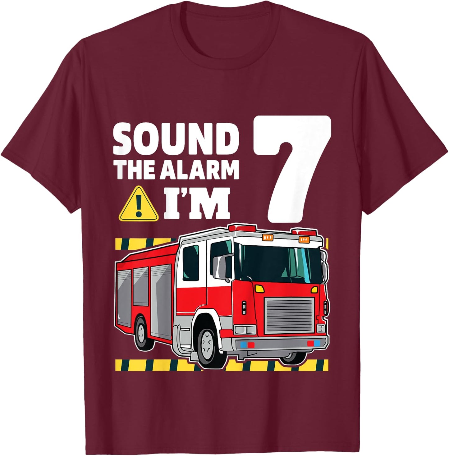Kids 7th Birthday Boy Fire Truck 7 Seven Year Old Firefighter T-Shirt - T-Shirt | Maroon