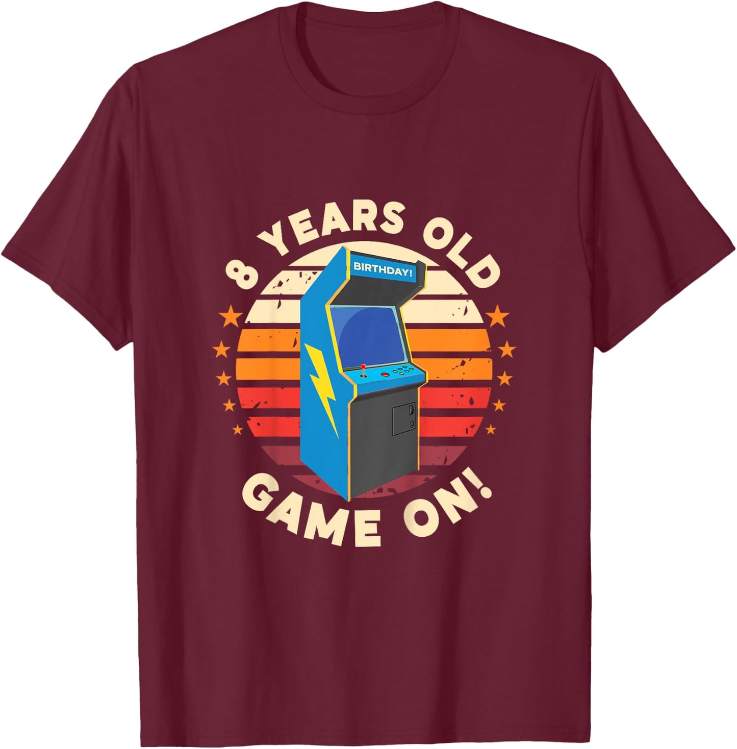 8 Year Old Birthday Wear Retro Arcade Game On Arcade Theme T-Shirt - T-Shirt | Maroon