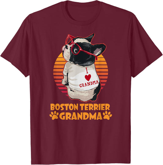 Vintage Boston Terrier Grandma Wear Sunglasses Dog Lover Men Women Girls Kids T-Shirt - T-Shirt | Maroon