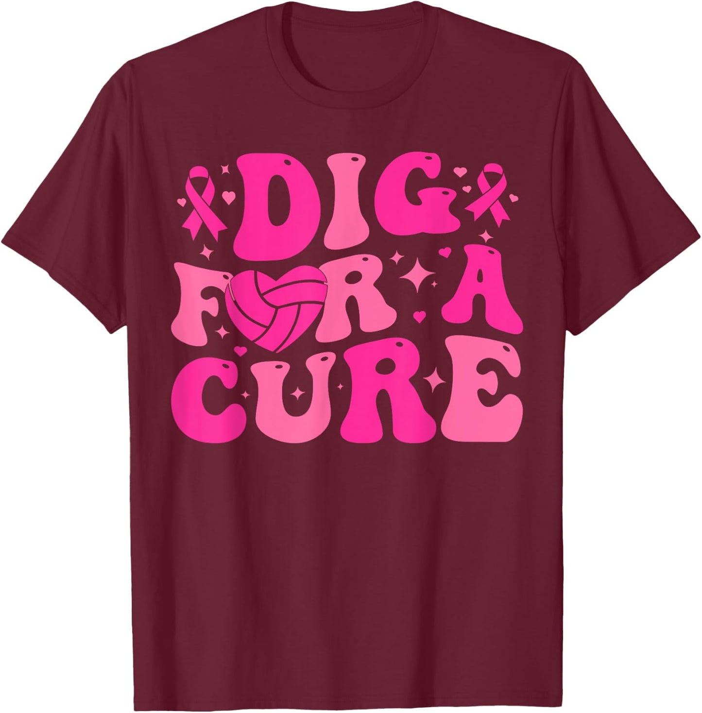 Dig For A Cure Breast Cancer Awareness Volleyball Pink Out T-Shirt - T-Shirt | Maroon