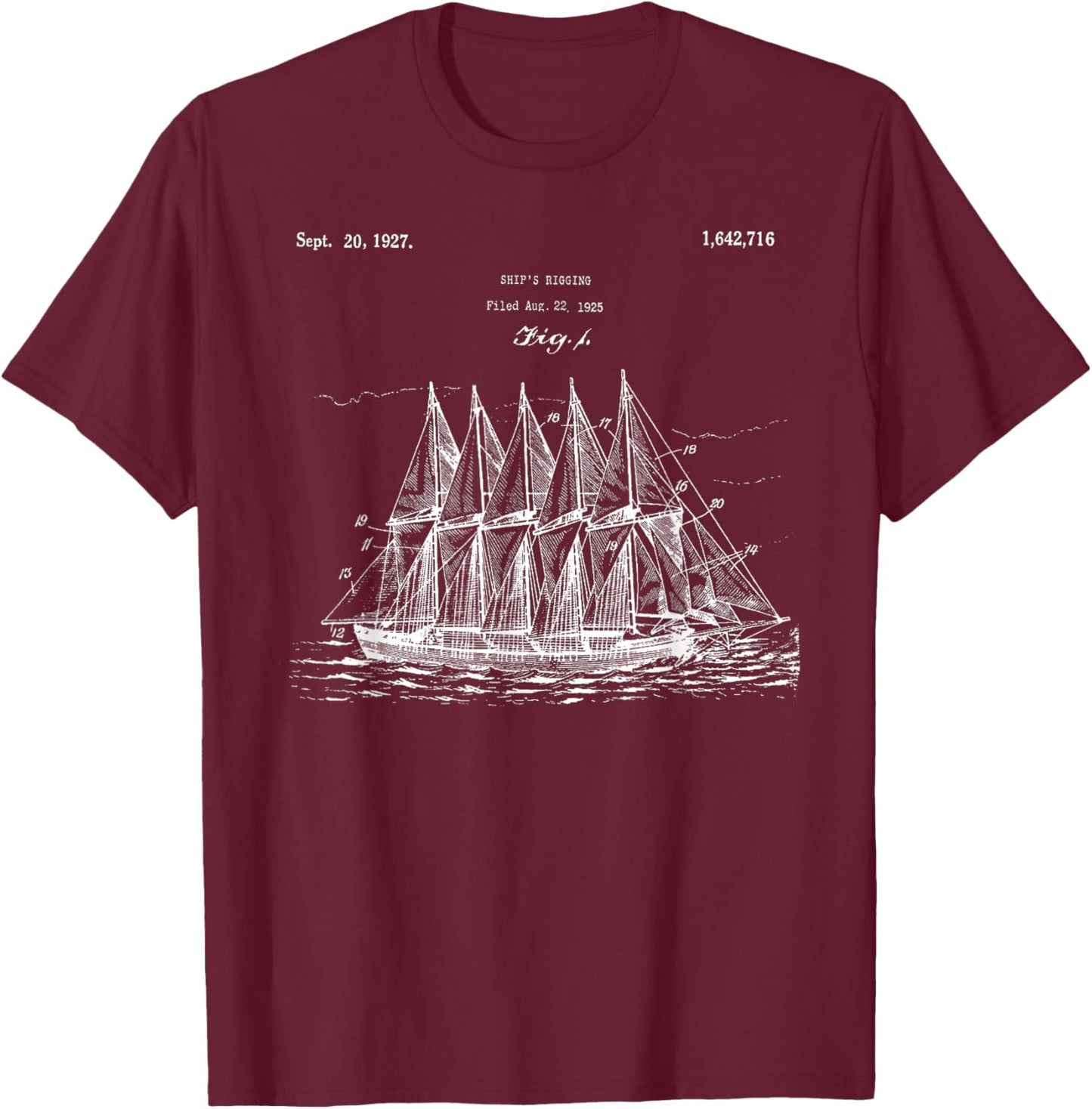 Vintage Ship Rigging Blueprint Shirt - Old Ocean Sailboat T-Shirt - T-Shirt | Maroon