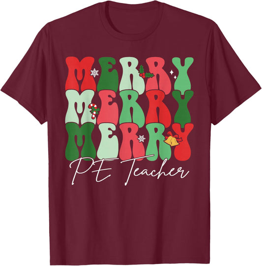 Groovy Merry PE Teacher Santa Christmas Pajama Holiday T-Shirt - T-Shirt | Maroon