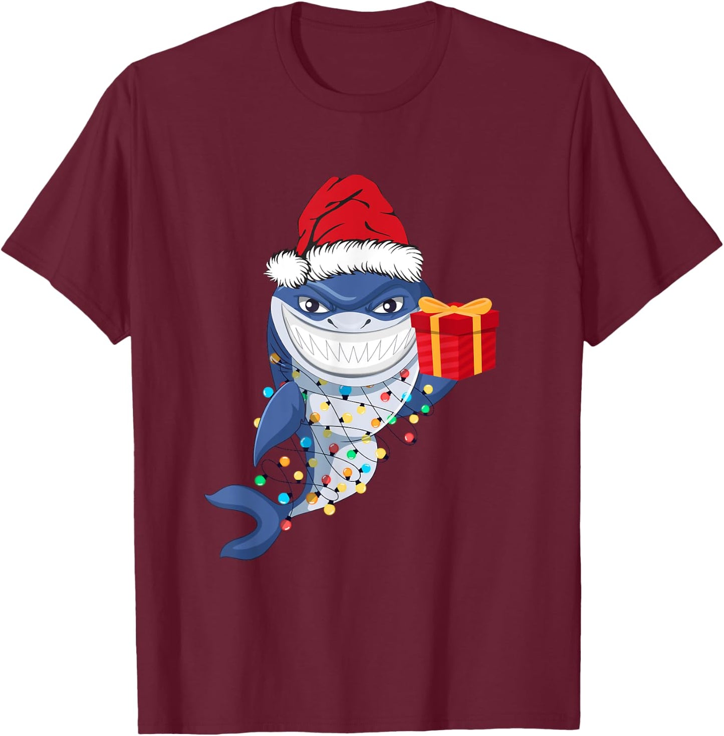 Shark Christmas Tree Lights Santa Hat Xmas Toddler Boys Kids T-Shirt - T-Shirt | Maroon
