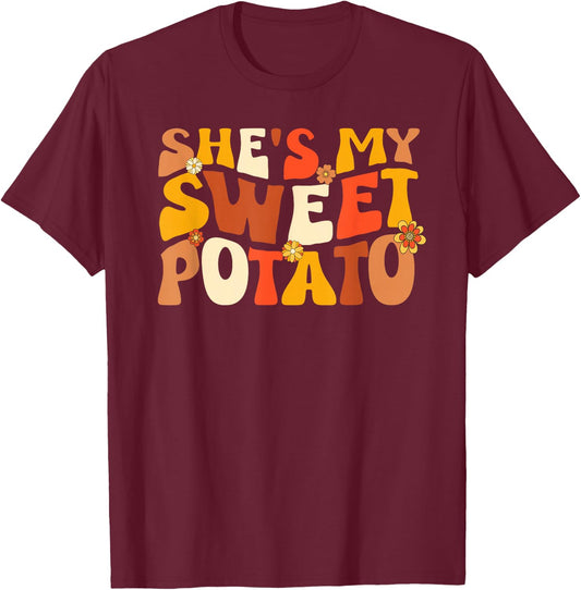 Thanksgiving Shirts Couples Sweet Potato I Yam Groovy Flower T-Shirt - T-Shirt | Maroon