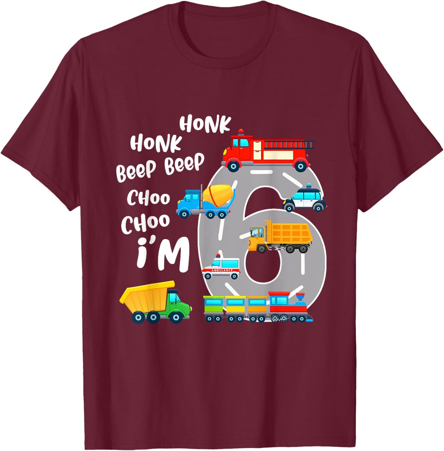 6 Year Old Birthday Transportation 6th Party Kids T-Shirt - T-Shirt | Maroon