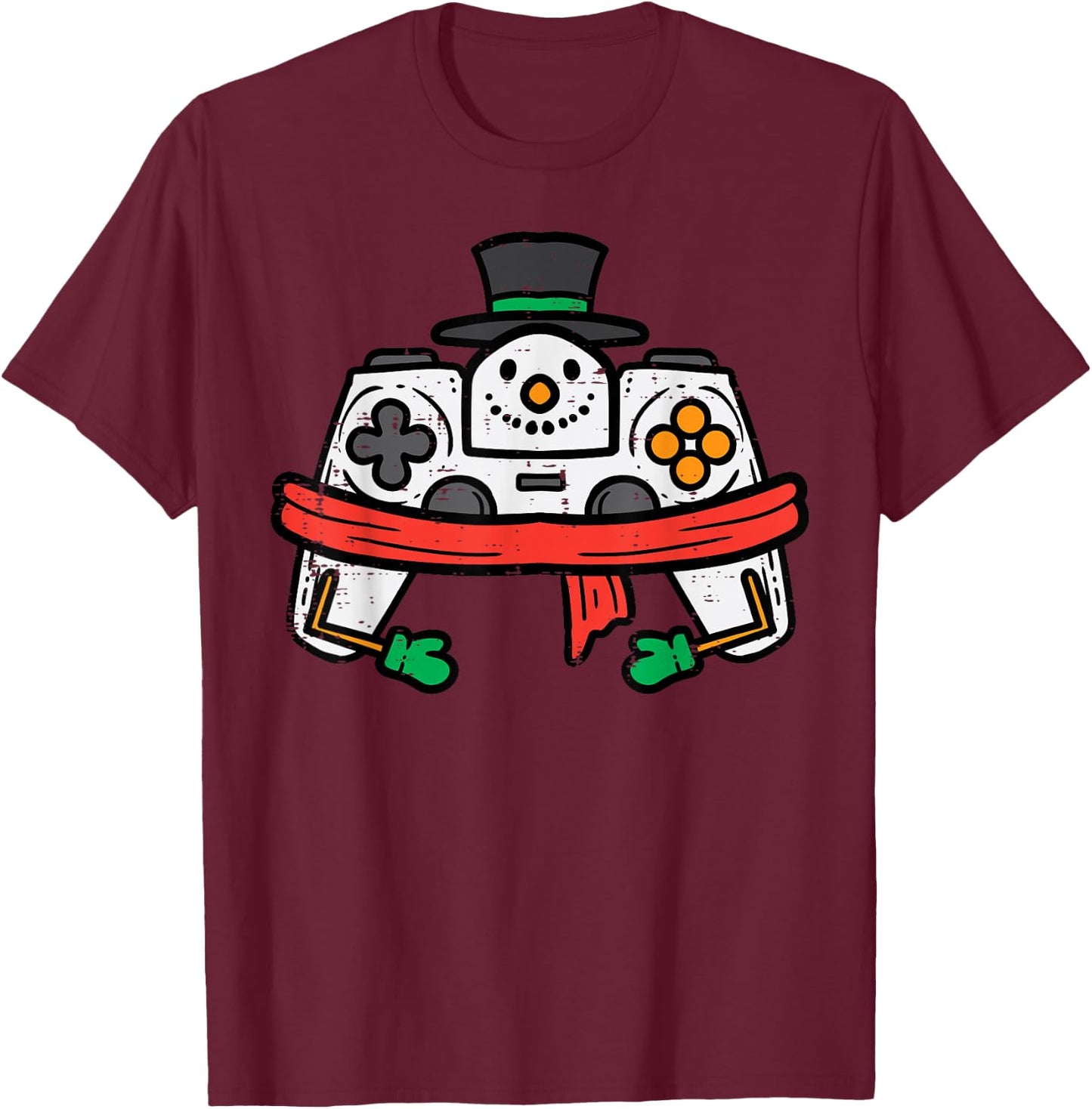 Christmas Snowman Gamer Controller Xmas Gaming Men Boys Kids T-Shirt - T-Shirt | Maroon