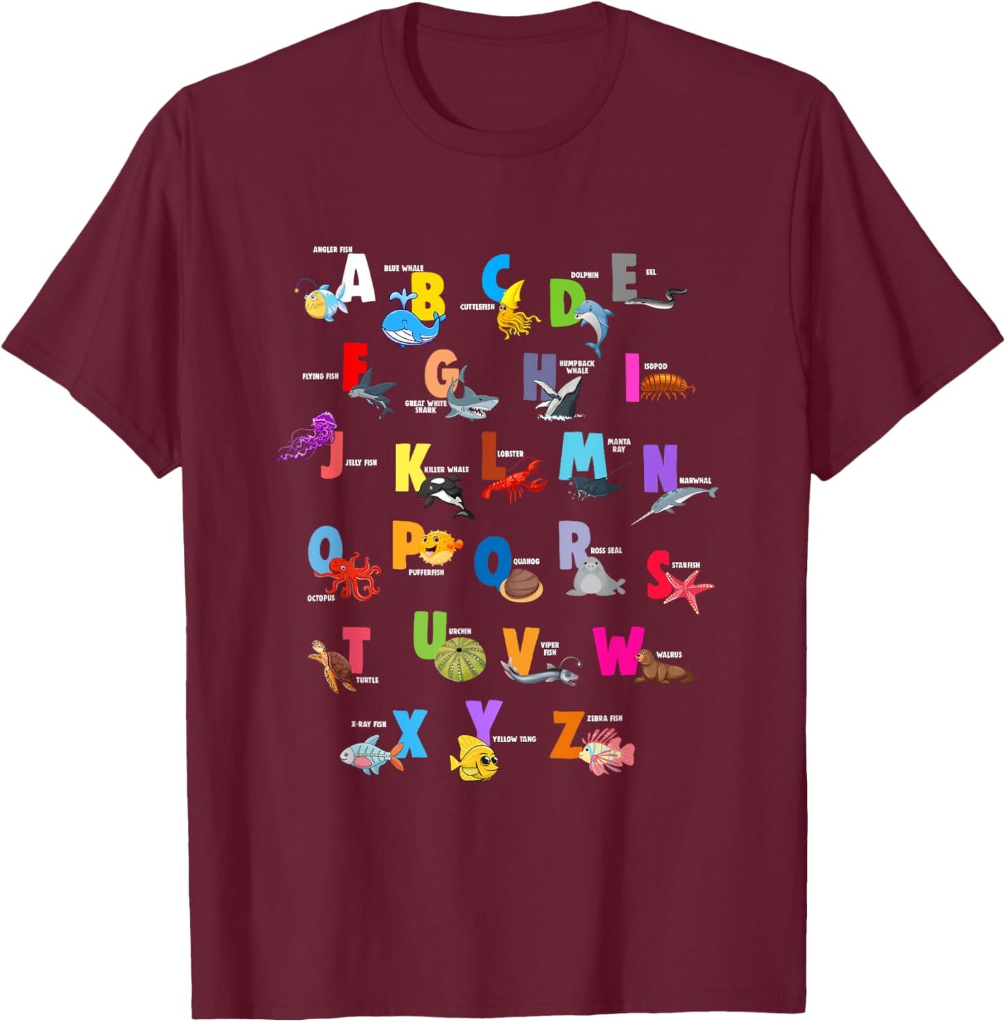 Ocean Animals Alphabet Letter ABCs Fish Dolphin Letters T-Shirt - T-Shirt | Maroon
