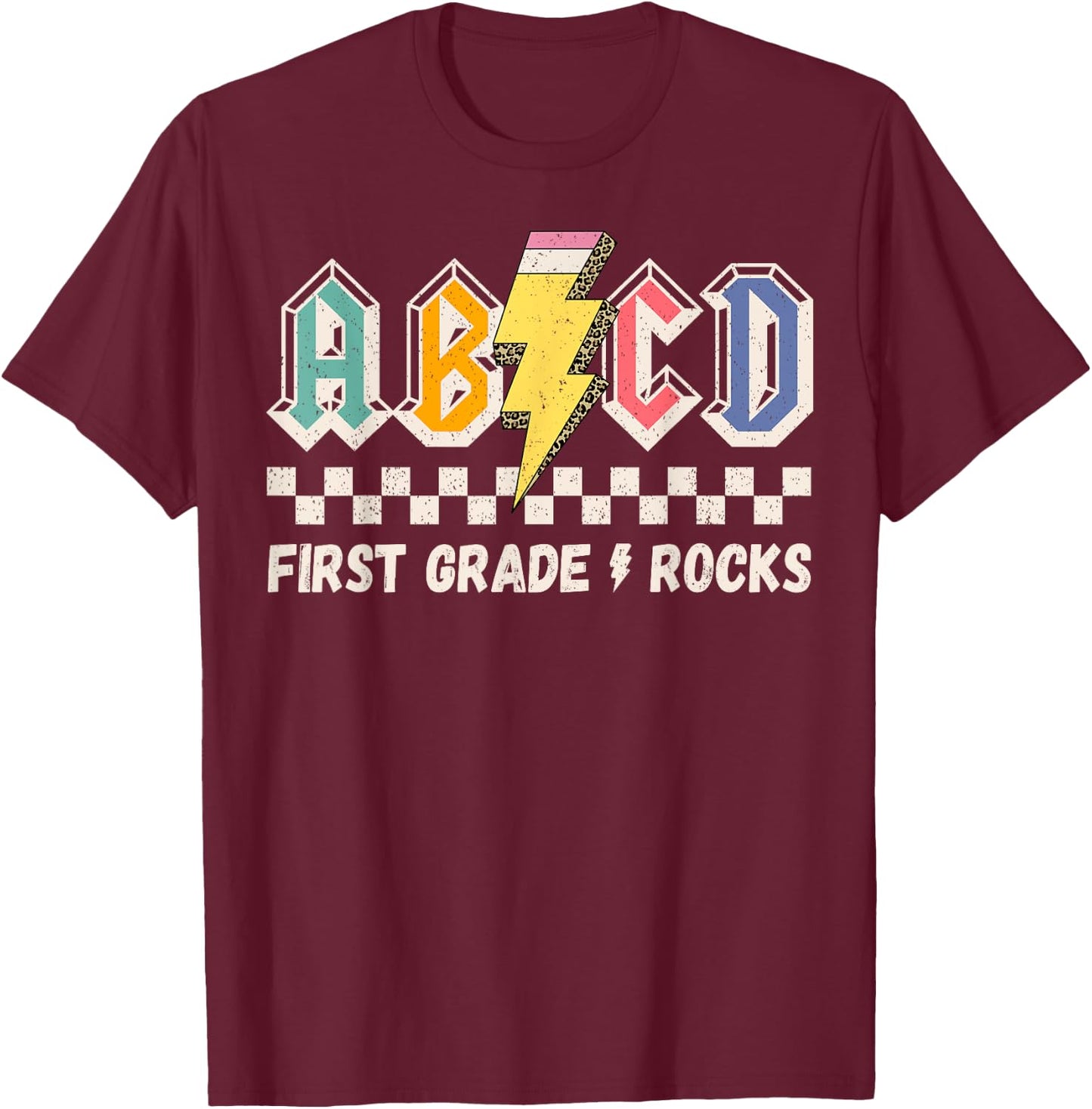 ABCD First Grade Rocks Pencil Lightning Teachers Rock Boys T-Shirt - T-Shirt | Maroon