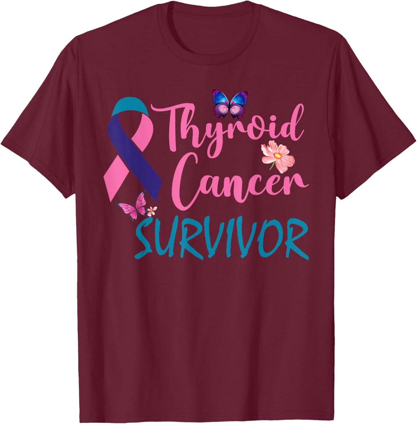 Butterflies Support Ribbon Thyroid Cancer Survivor T-Shirt - T-Shirt | Maroon