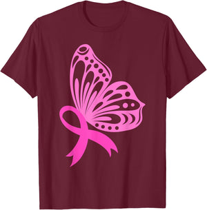 Pink Ribbon Butterfly | Breast Cancer T-Shirt - T-Shirt | Maroon