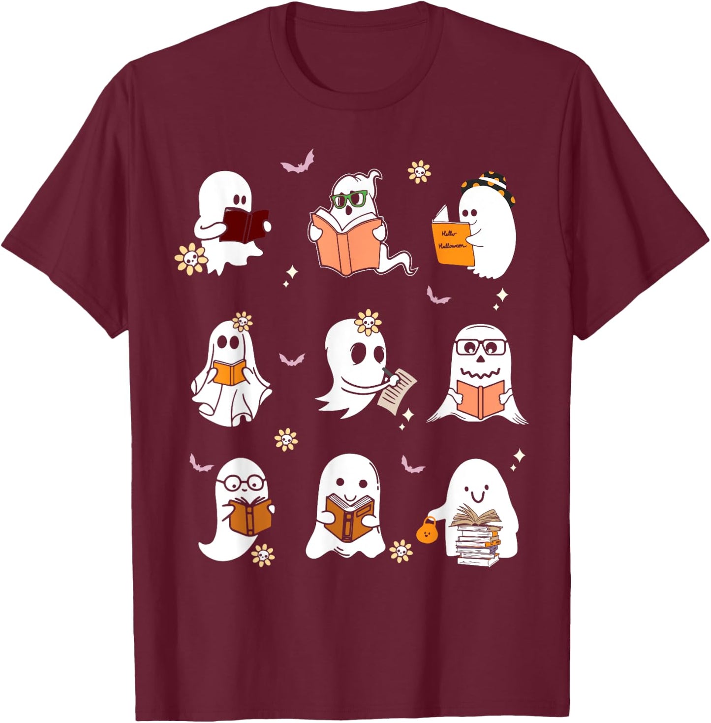 Ghosts Reading Books Teacher Halloween Librarian Boooks Men Women Kids T-Shirt - T-Shirt | Maroon