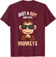 Monkey Just A Boy Who Loves Monkeys Boys Kids T-Shirt - T-Shirt | Maroon