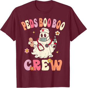 Peds Nurse Boo Crew Retro Halloween ICU NICU Nurse T-Shirt - T-Shirt | Maroon