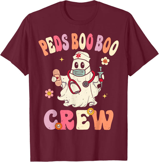 Peds Nurse Boo Crew Retro Halloween ICU NICU Nurse T-Shirt - T-Shirt | Maroon