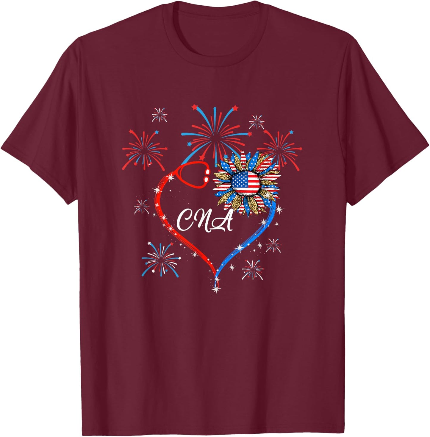 Patriotic Cna Nurse 4Th Of July American Flag Sunflower Love T-Shirt - T-Shirt | Maroon
