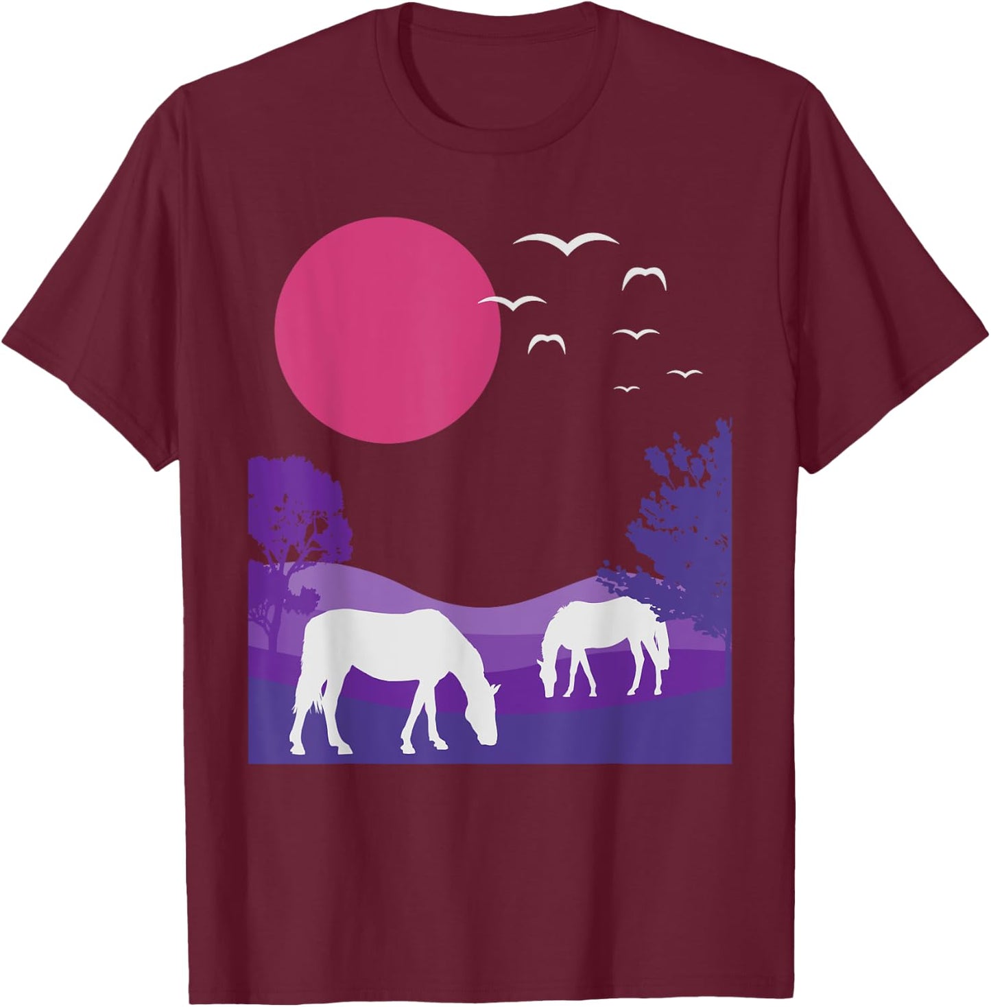 Steppe Landscape Horses Nature Minimalist Design T-Shirt - T-Shirt | Maroon