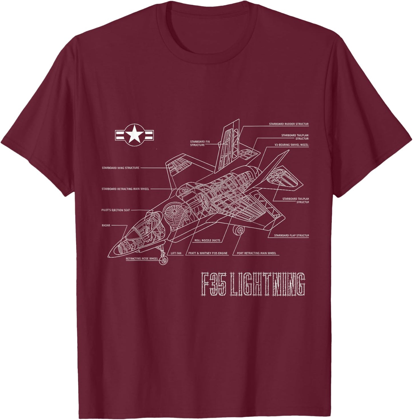 American Aircraft Stealth Fighter F35 lightning blueprint T-Shirt - T-Shirt | Maroon