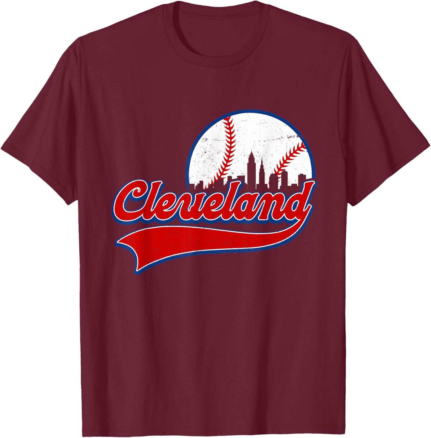Vintage Cleveland City Downtown Skylines Baseball Fans Lover T-Shirt - T-Shirt | Maroon