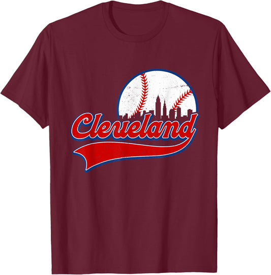 Vintage Cleveland City Downtown Skylines Baseball Fans Lover T-Shirt - T-Shirt | Maroon