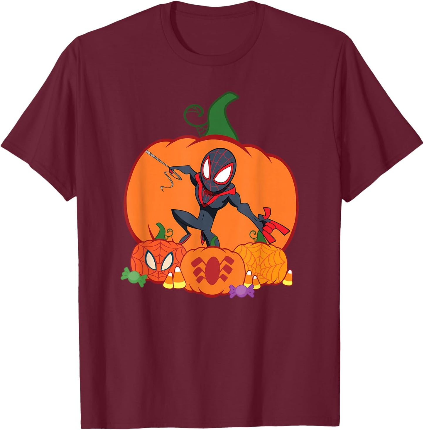 Marvel Spider-Man Miles Morales Halloween with Pumpkins T-Shirt - T-Shirt | Maroon