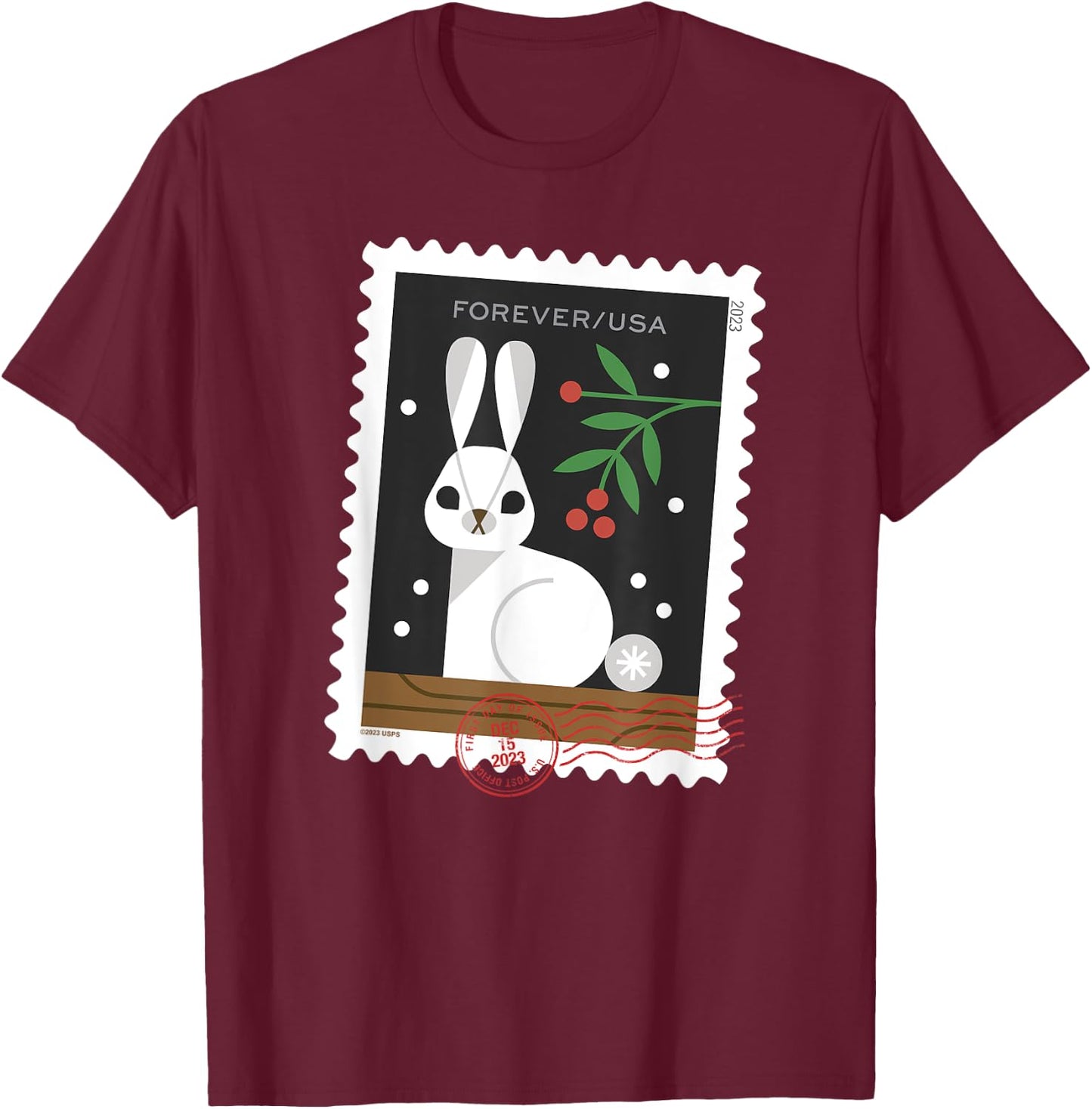 USPS Winter Woodland Animals - Rabbit Stamp T-Shirt - T-Shirt | Maroon
