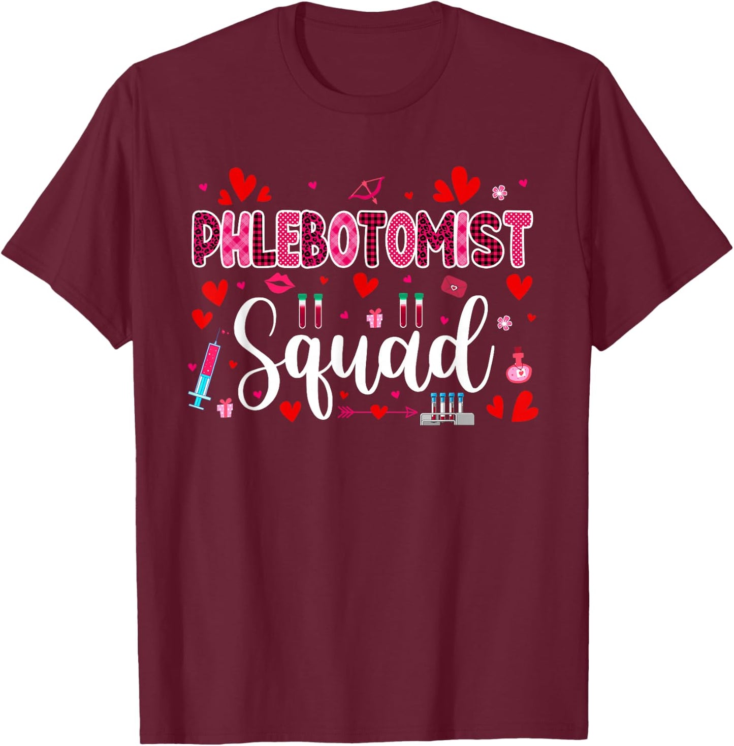 Phlebotomist Squad Cute Tools Hearts Costume Valentine's Day T-Shirt - T-Shirt | Maroon