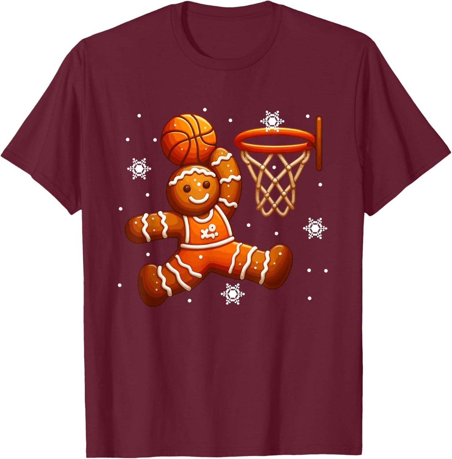 Gingerbread Playing Basketball Christmas Cookie Player Team T-Shirt - T-Shirt | Maroon