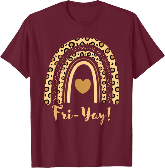 Happy Fri-Yay Friday Lovers Cute Leopard Rainbow Teacher Women T-Shirt - T-Shirt | Maroon