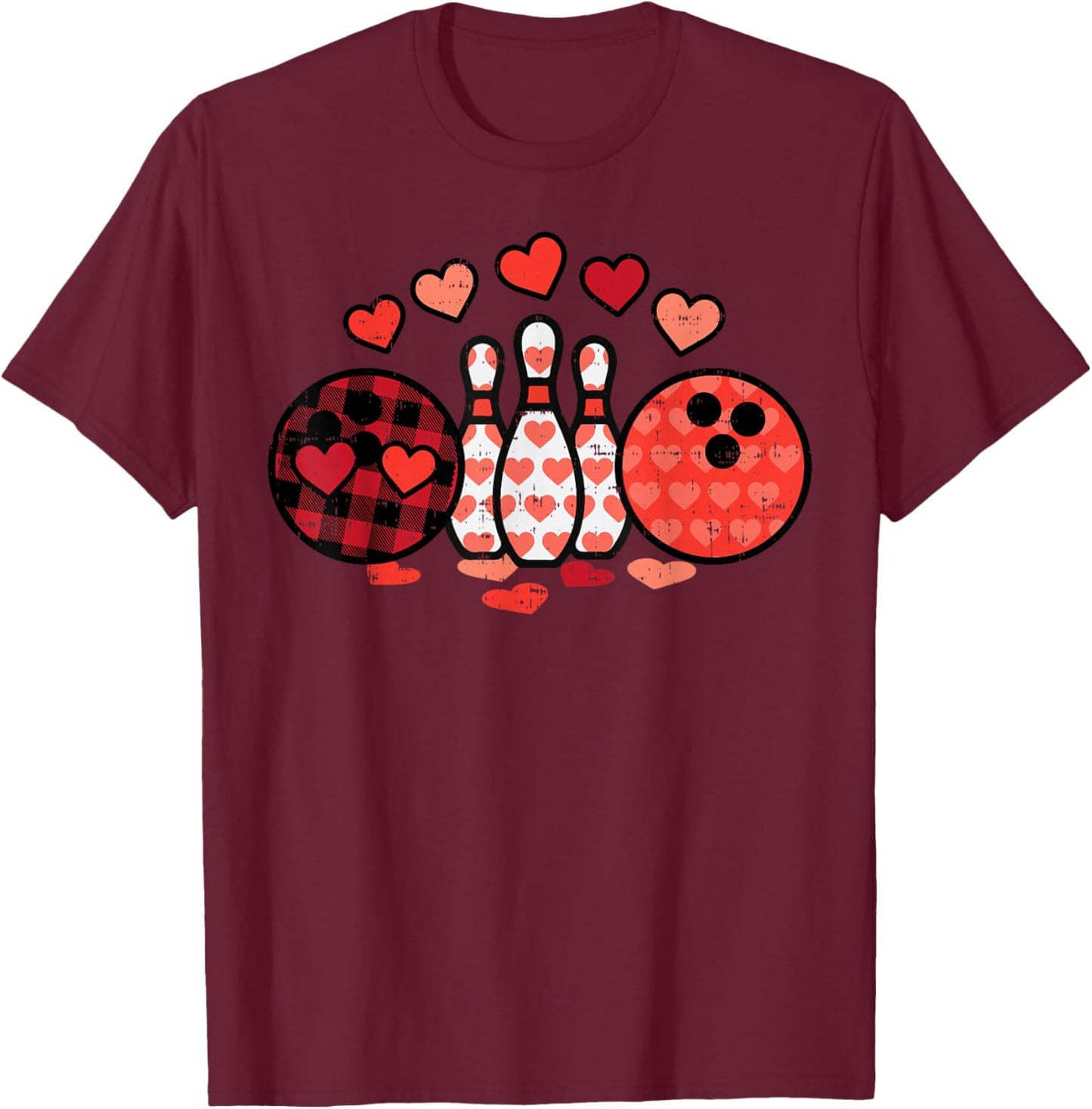 Valentines Day Plaid Bowling Valentine Sports Men Women Kids T-Shirt - T-Shirt | Maroon