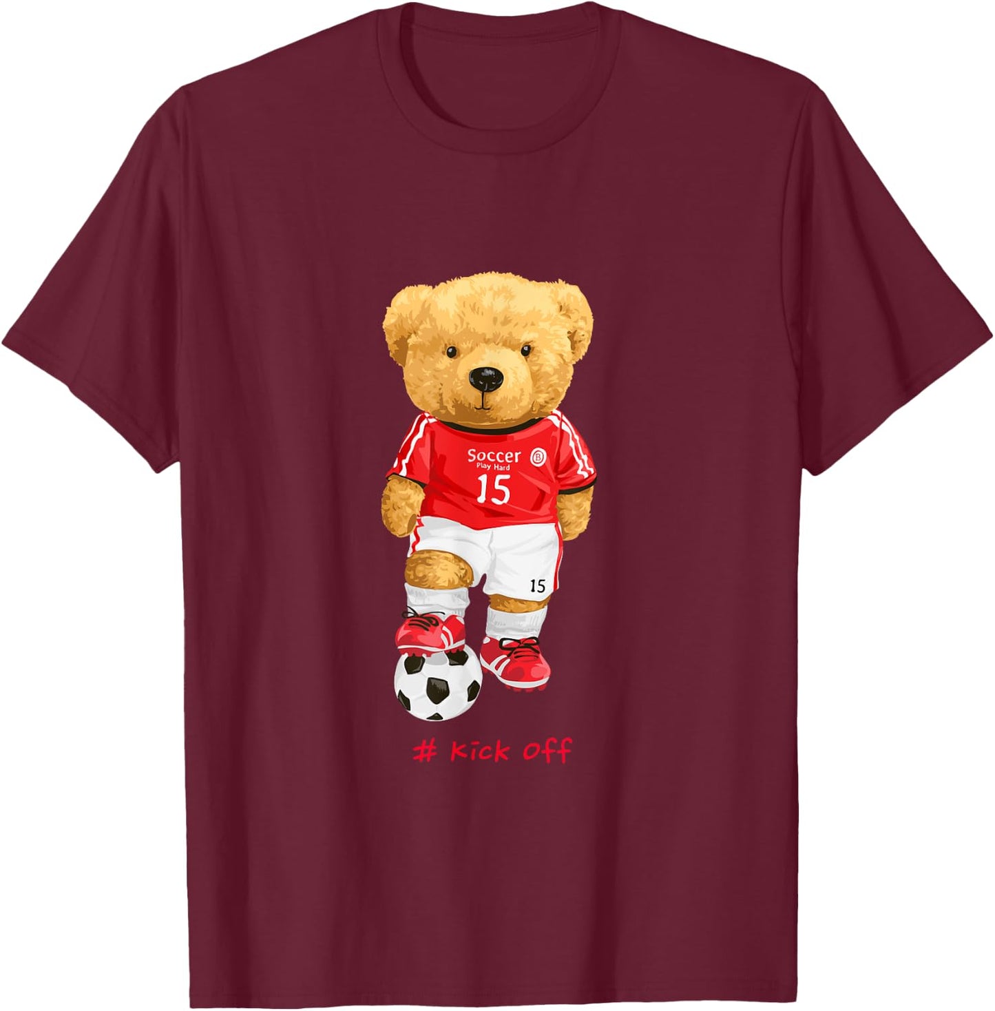 Cool Teddy Bear Soccer Kick Off Style Illustration Graphic T-Shirt - T-Shirt | Maroon