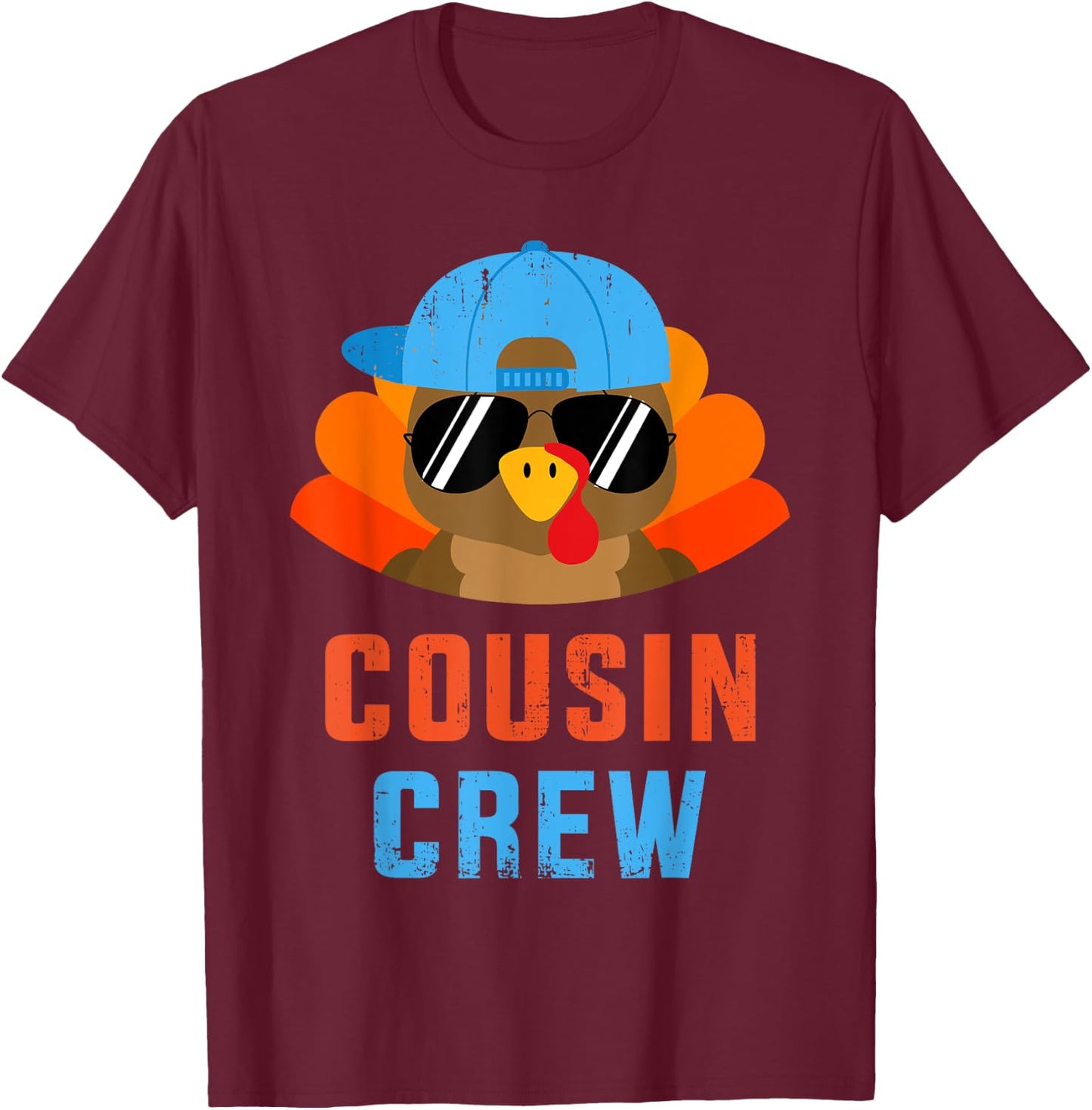 Thanksgiving Cousin Crew with Cool Turkey for Family Holiday T-Shirt - T-Shirt | Maroon