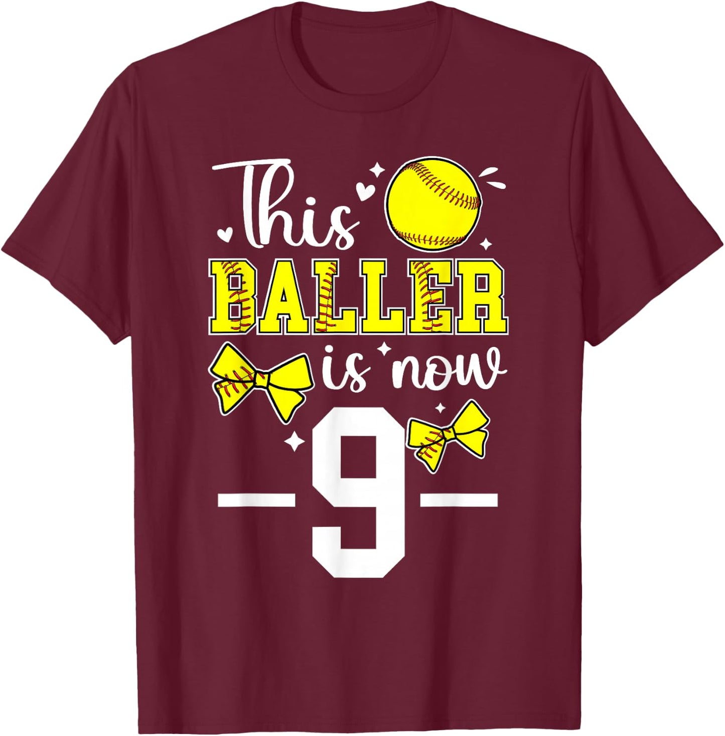 9th Birthday Softball Girl Nine Year Old Softball Player T-Shirt - T-Shirt | Maroon