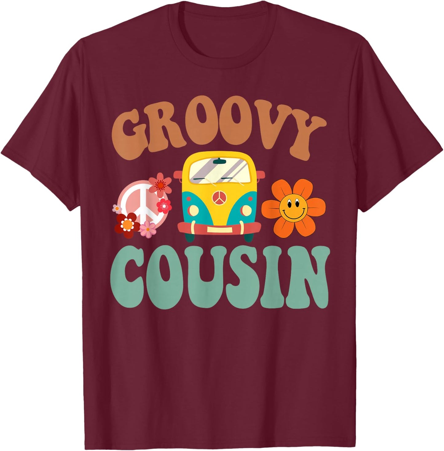 Retro Groovy Cousin Matching Family 1st Birthday Party T-Shirt - T-Shirt | Maroon