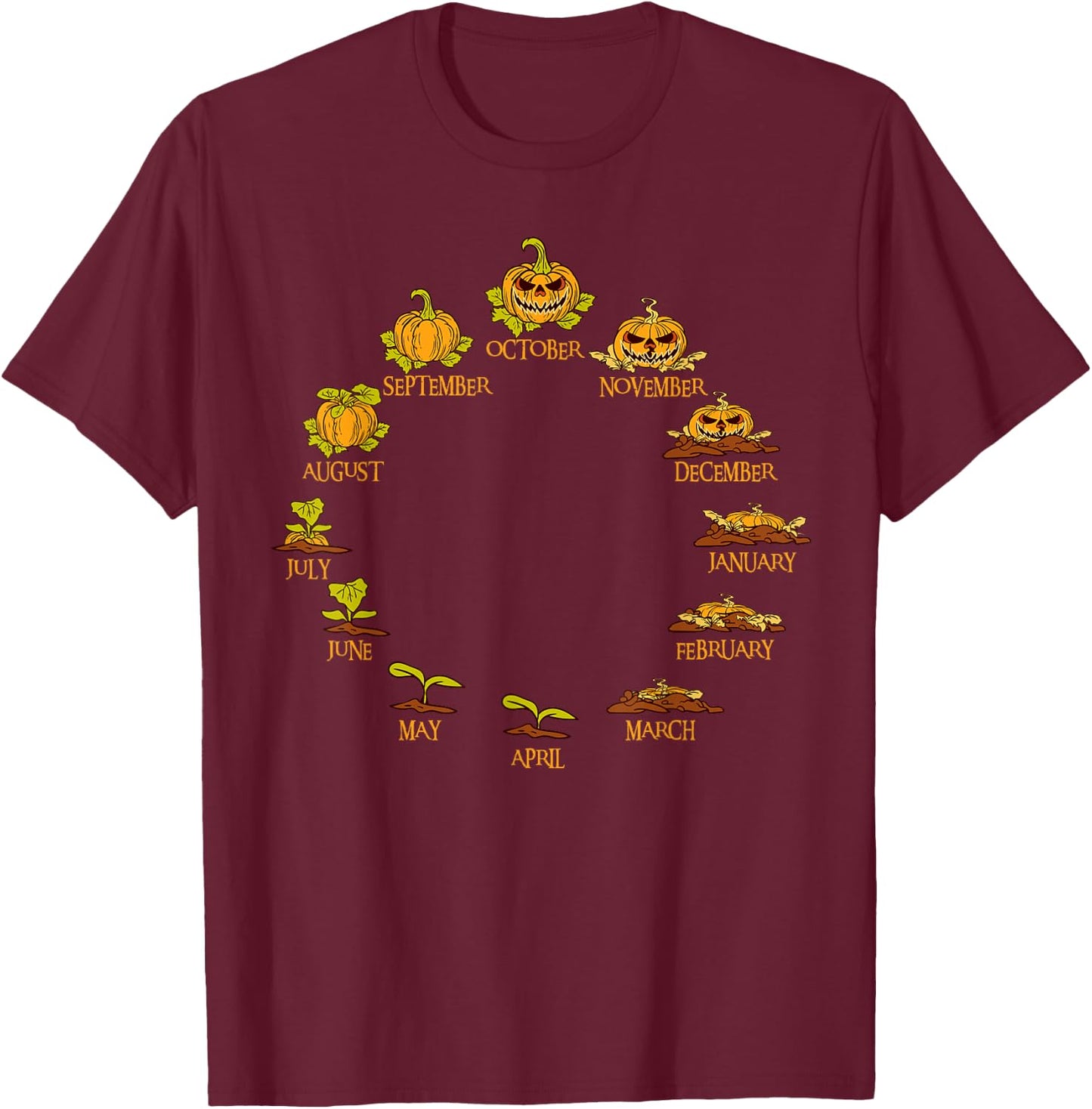 Pumpkin Life Cycle Year Months Thanksgiving Halloween Funny T-Shirt - T-Shirt | Maroon