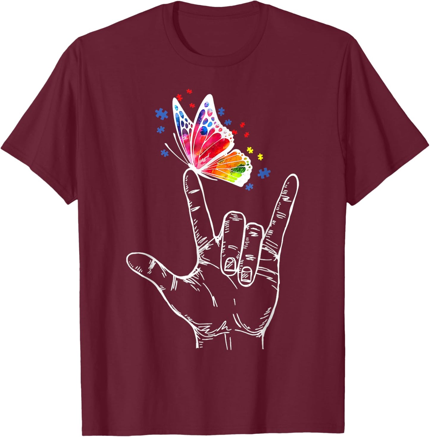 I Love You Hand Sign Language Butterfly Autism Awareness T-Shirt - T-Shirt | Maroon