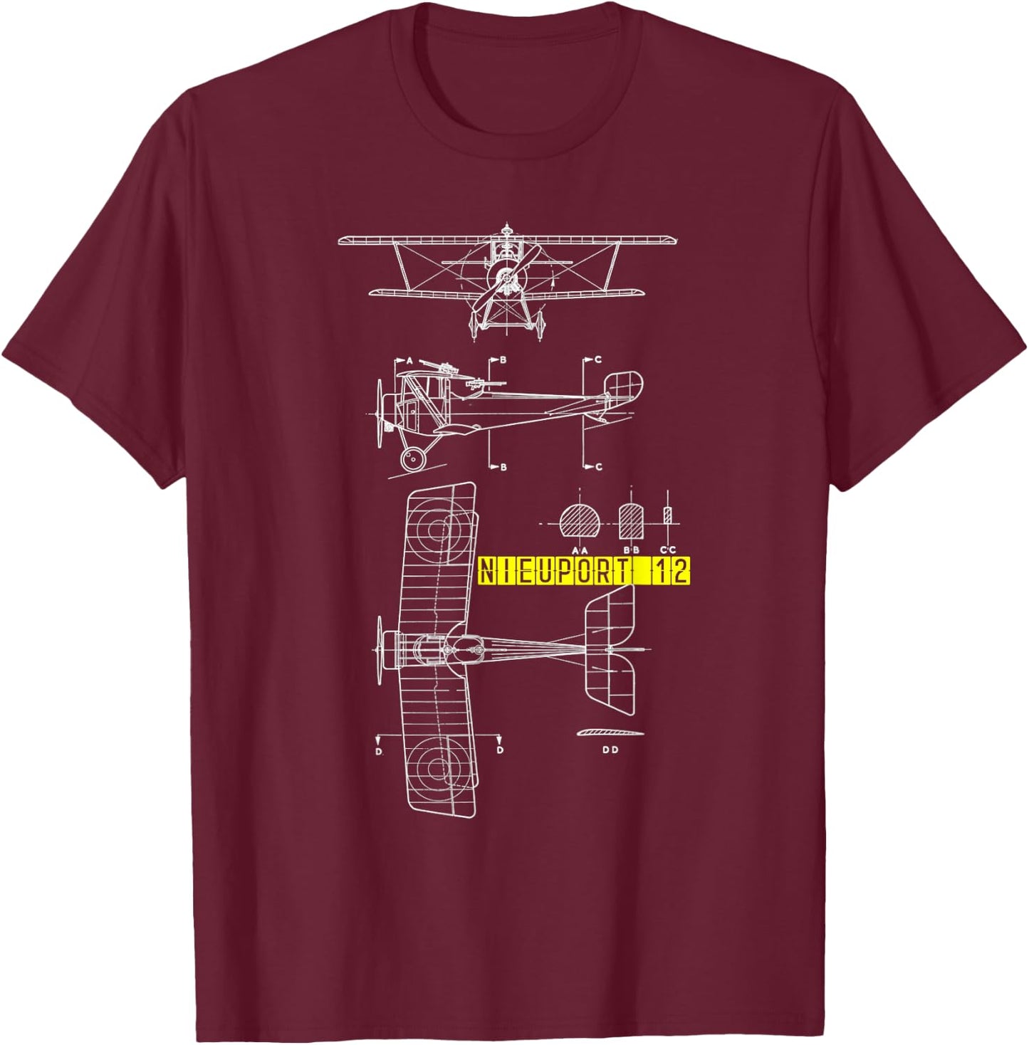 Nieuport 12 WW1 Aircraft Blueprint T-Shirt - T-Shirt | Maroon