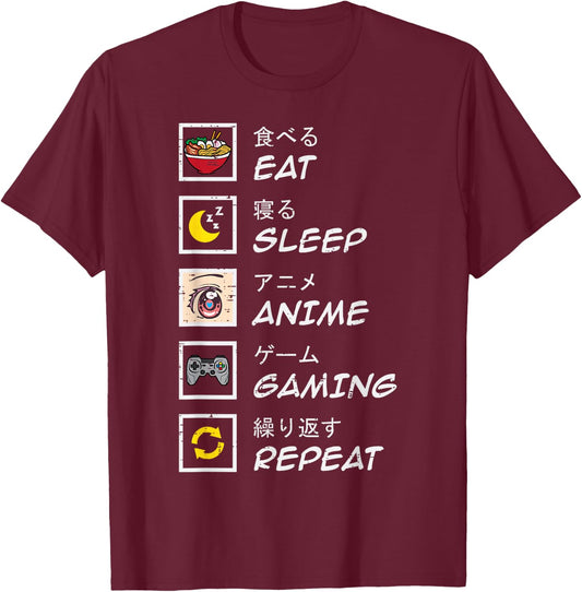 Eat Sleep Anime Gaming Repeat Gamer Teen Boys Girls Kids T-Shirt - T-Shirt | Maroon